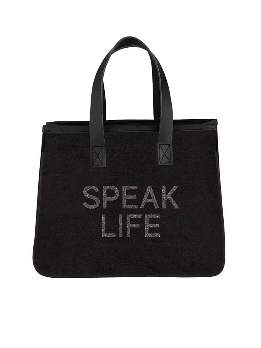 Elegant Black Canvas and Leather Mini Handbag with "Speak Life" Phrase